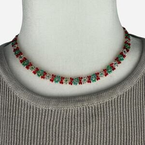 Red green beaded necklace choker small beads necklace